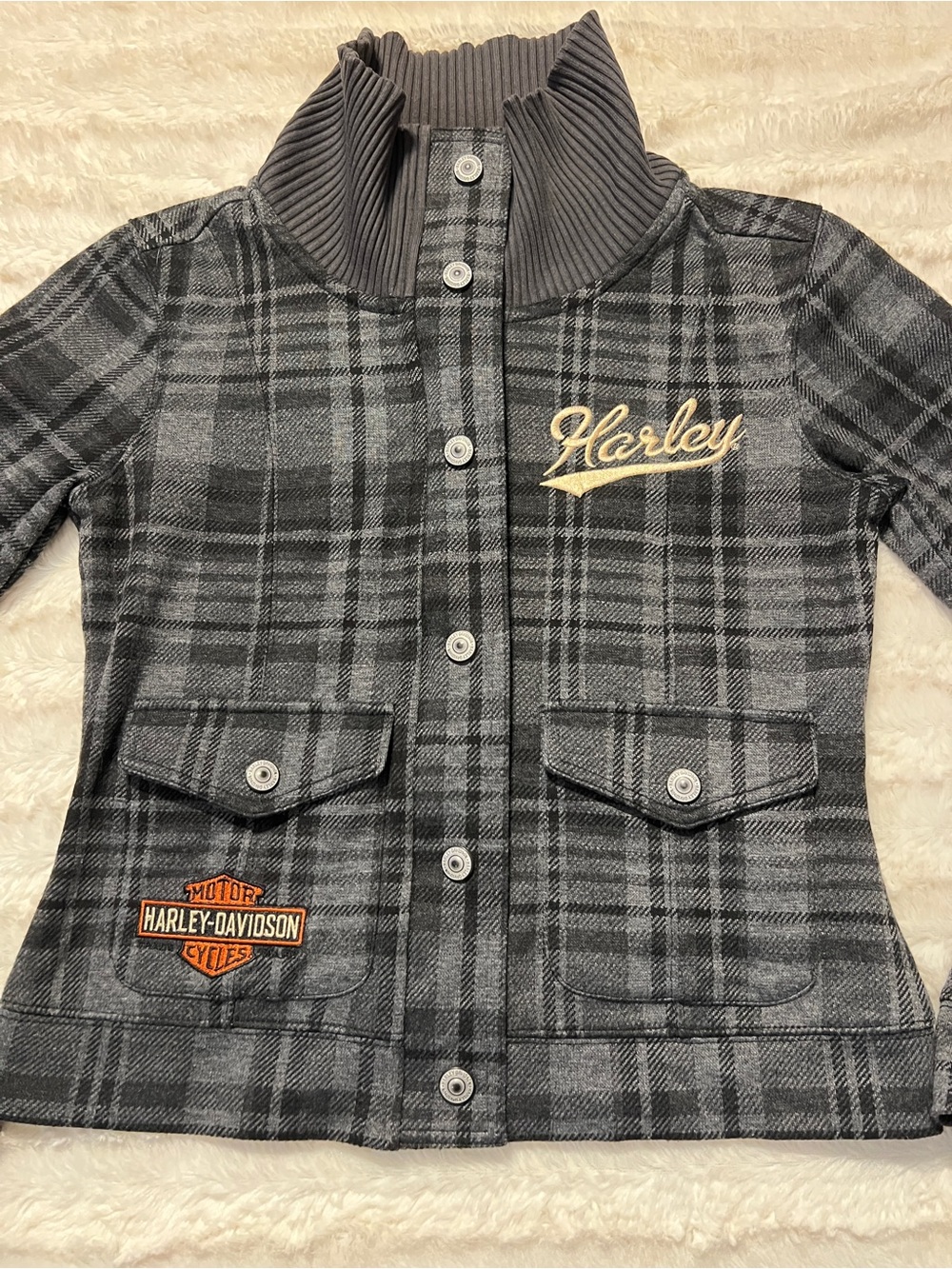Vintage Harley-Davidson Woman’s Small, gray plaid cropped jacket, Y2K, excellent - Picture 4 of 16